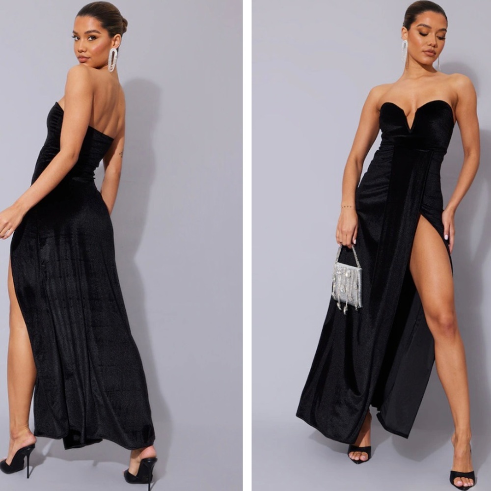 Black Velvet Draped Wrap Detail Bandeau Maxi Dress